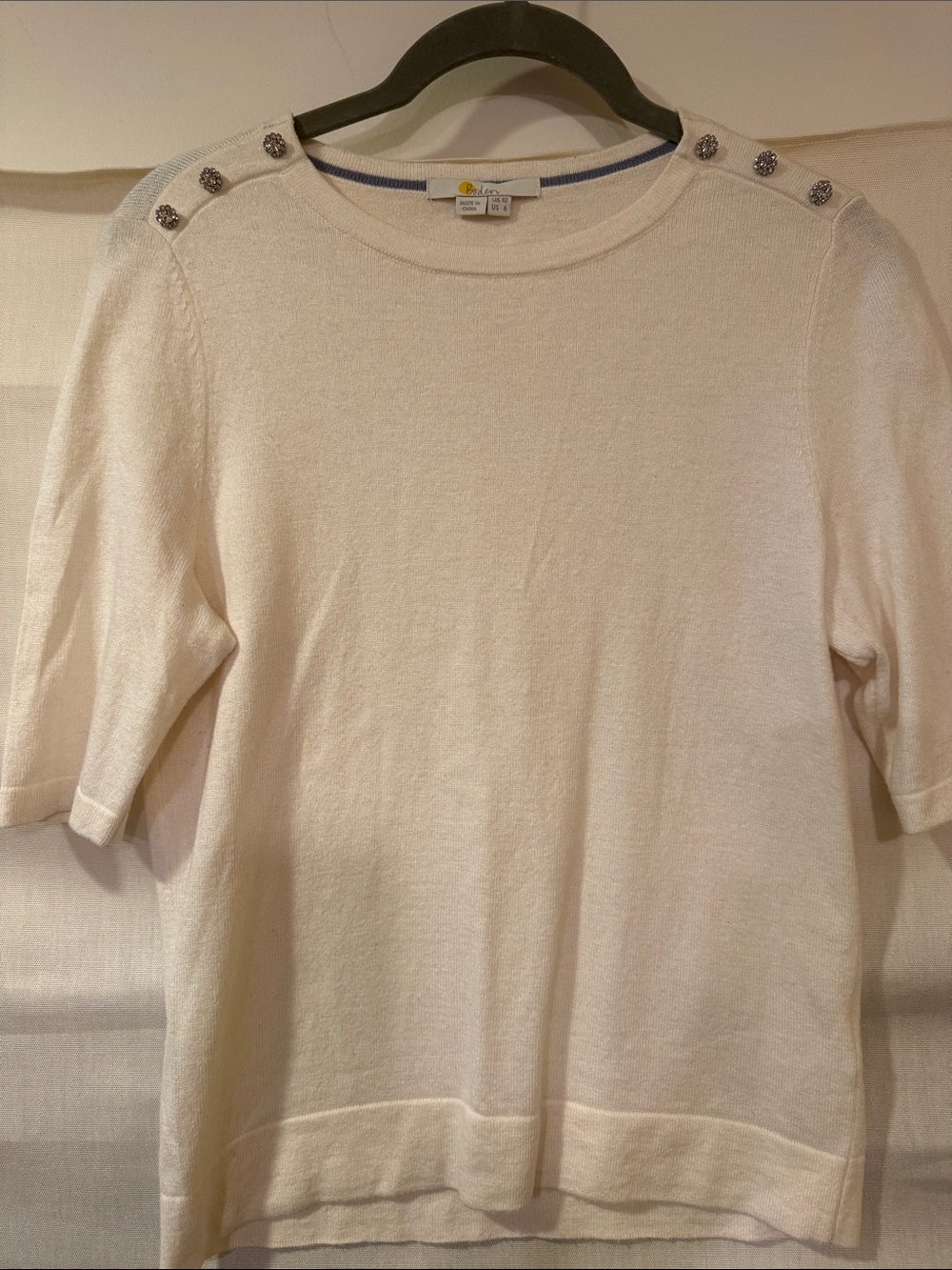 Boden Short Sleeve Crewneck Sweater in Cream with Embellished Shoulder Buttons